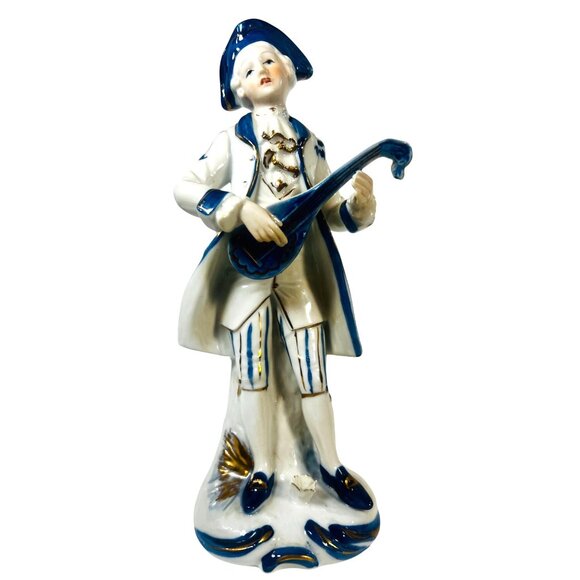 Vtg Ardco Japan Porcelain Gilded Figurine Musician Blue White Playing Lute 3259 - Picture 5 of 8